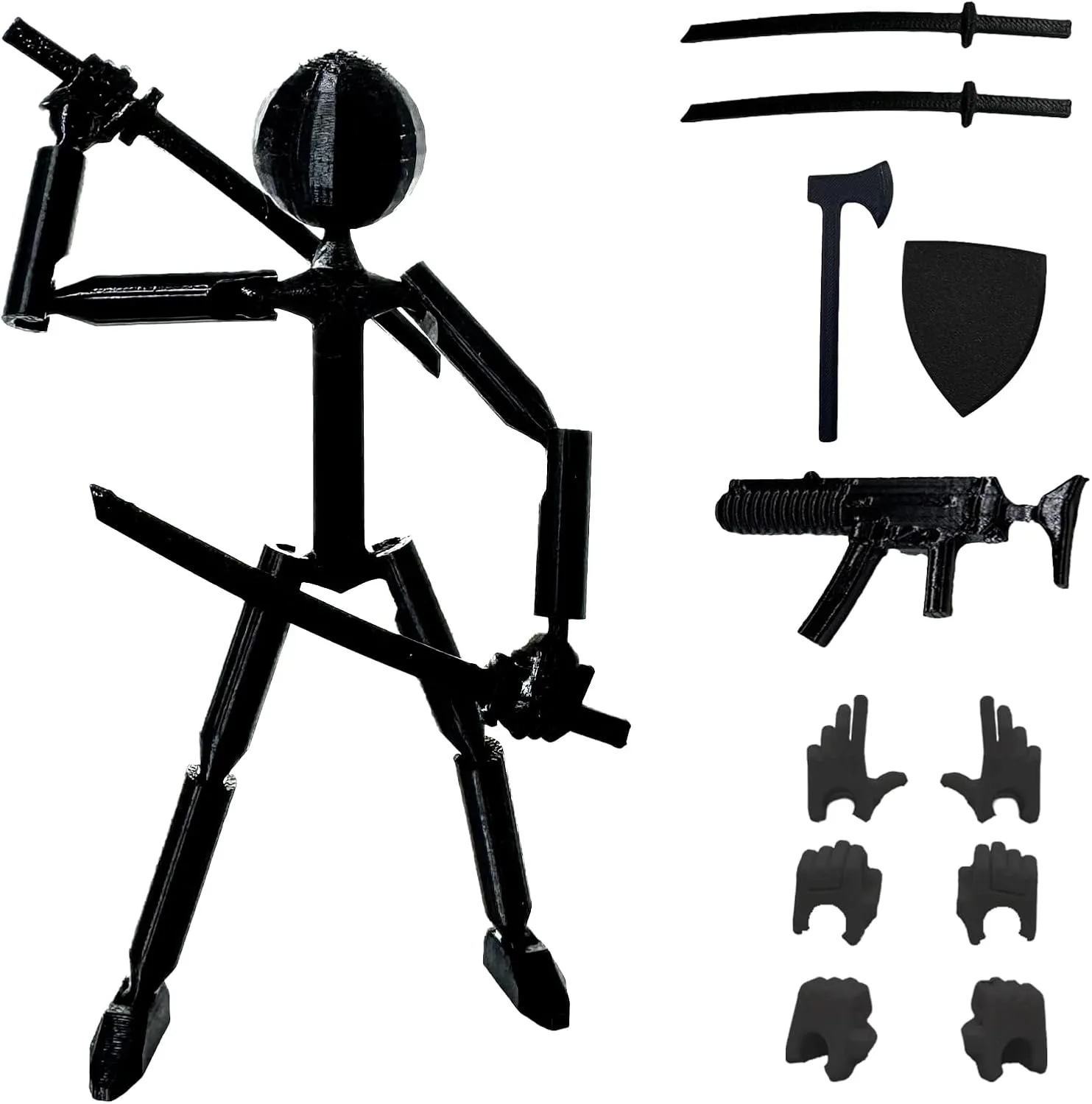 3D Printed 5.67-inch Matchstick Figure, Full Body Mechanical Movable Toy with 5 Weapons and 3 Hand Shapes, Desk Decoration.