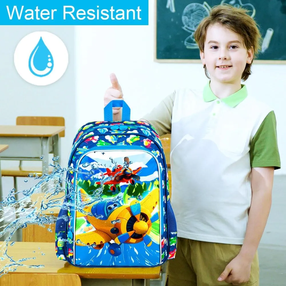 3Pcs Airplane Backpack for Boys, 16" Kids Bookbag Set for Elementary Preschool Kindergarten, School Backpacks with Lunch Box(Blue)