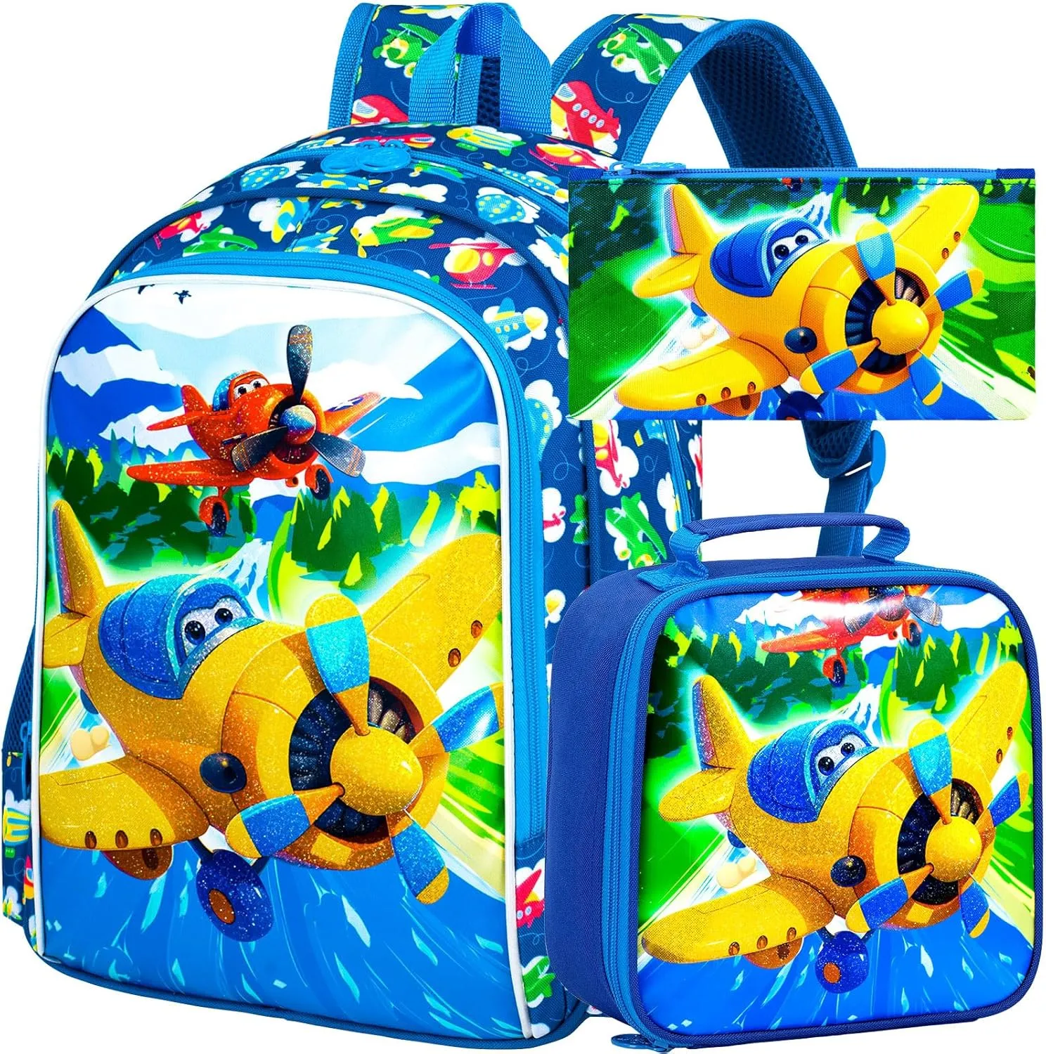 3Pcs Airplane Backpack for Boys, 16" Kids Bookbag Set for Elementary Preschool Kindergarten, School Backpacks with Lunch Box(Blue)