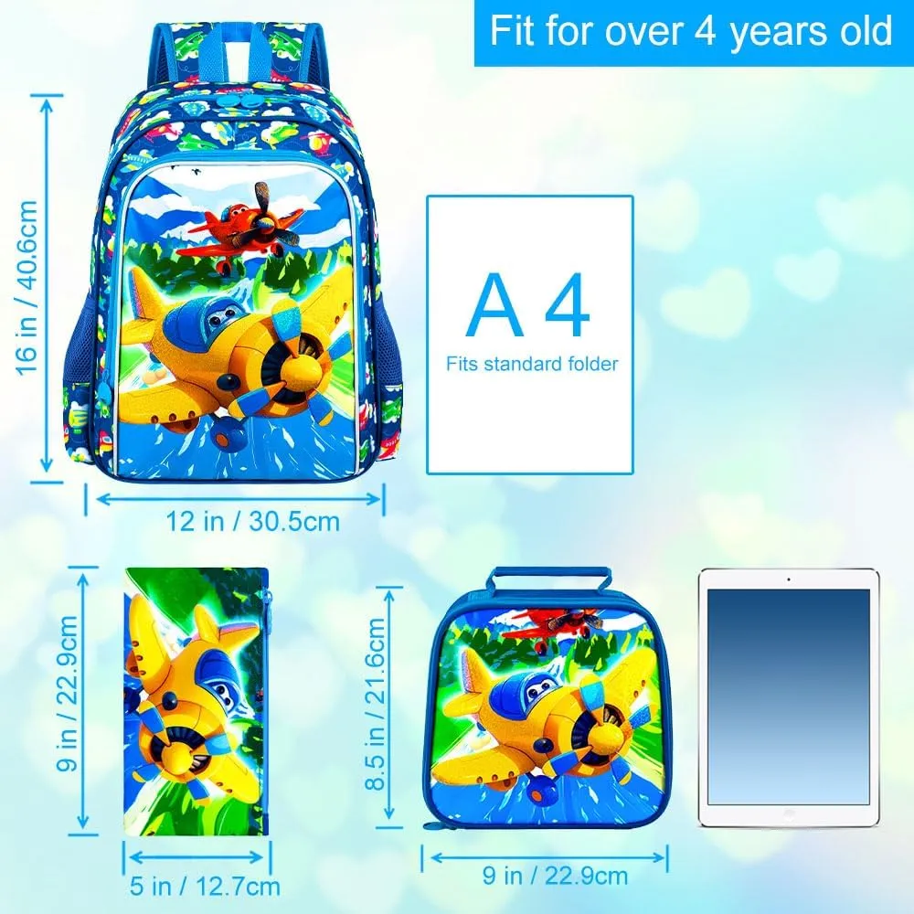 3Pcs Airplane Backpack for Boys, 16" Kids Bookbag Set for Elementary Preschool Kindergarten, School Backpacks with Lunch Box(Blue)