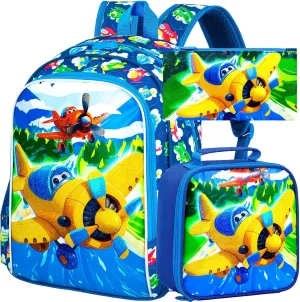3Pcs Airplane Backpack for Boys, 16" Kids Bookbag Set for Elementary Preschool Kindergarten, School Backpacks with Lunch Box(Blue)