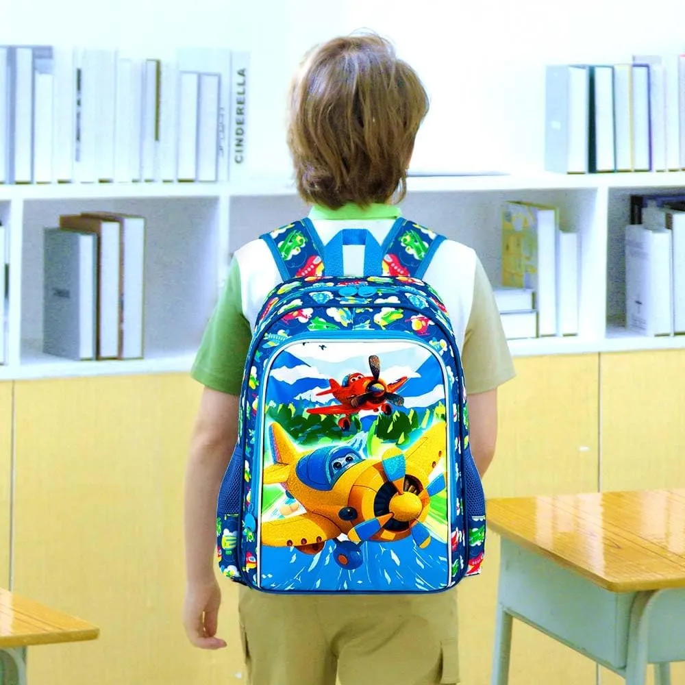 3Pcs Airplane Backpack for Boys, 16" Kids Bookbag Set for Elementary Preschool Kindergarten, School Backpacks with Lunch Box(Blue)