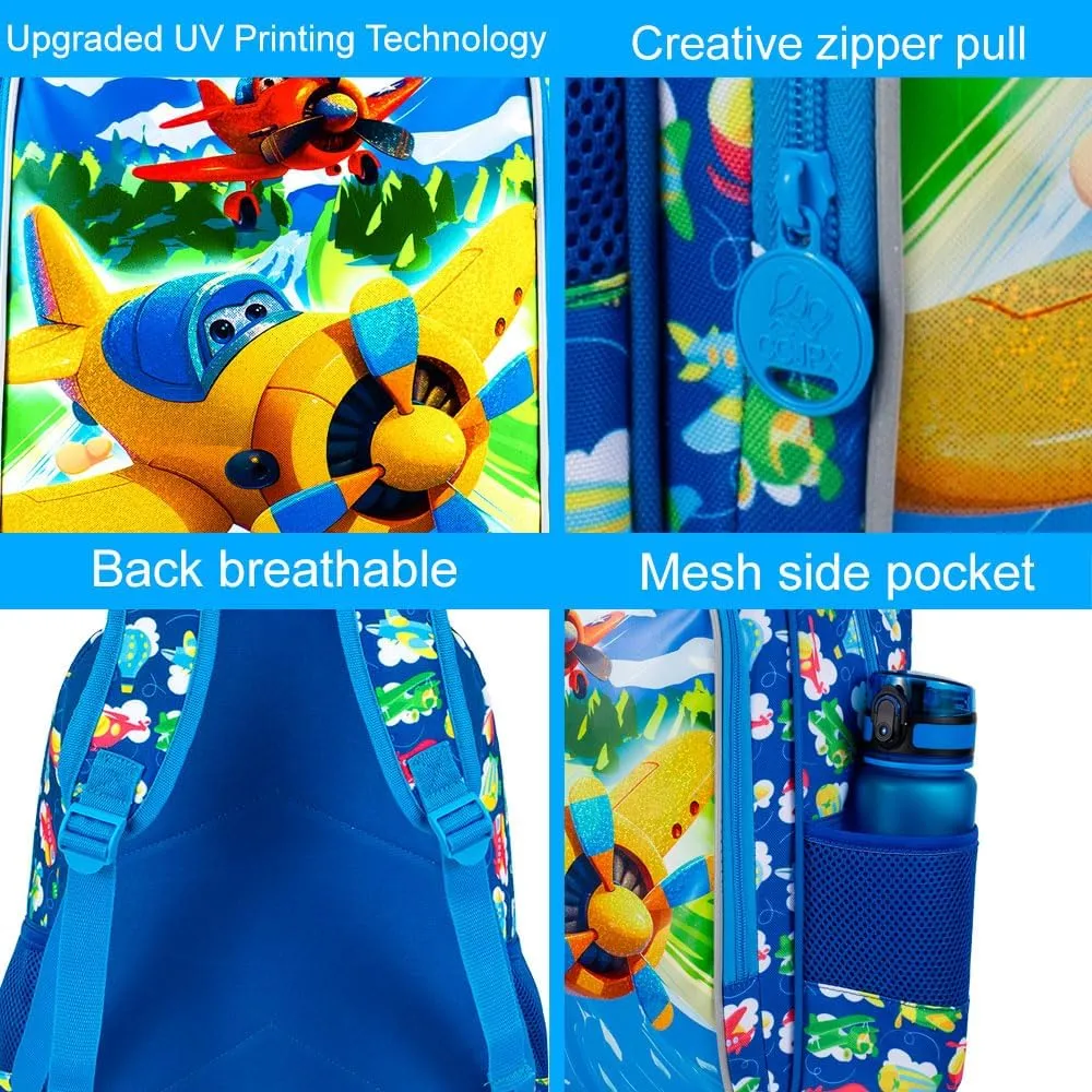3Pcs Airplane Backpack for Boys, 16" Kids Bookbag Set for Elementary Preschool Kindergarten, School Backpacks with Lunch Box(Blue)
