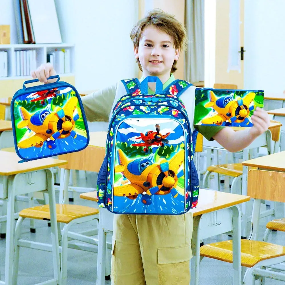 3Pcs Airplane Backpack for Boys, 16" Kids Bookbag Set for Elementary Preschool Kindergarten, School Backpacks with Lunch Box(Blue)