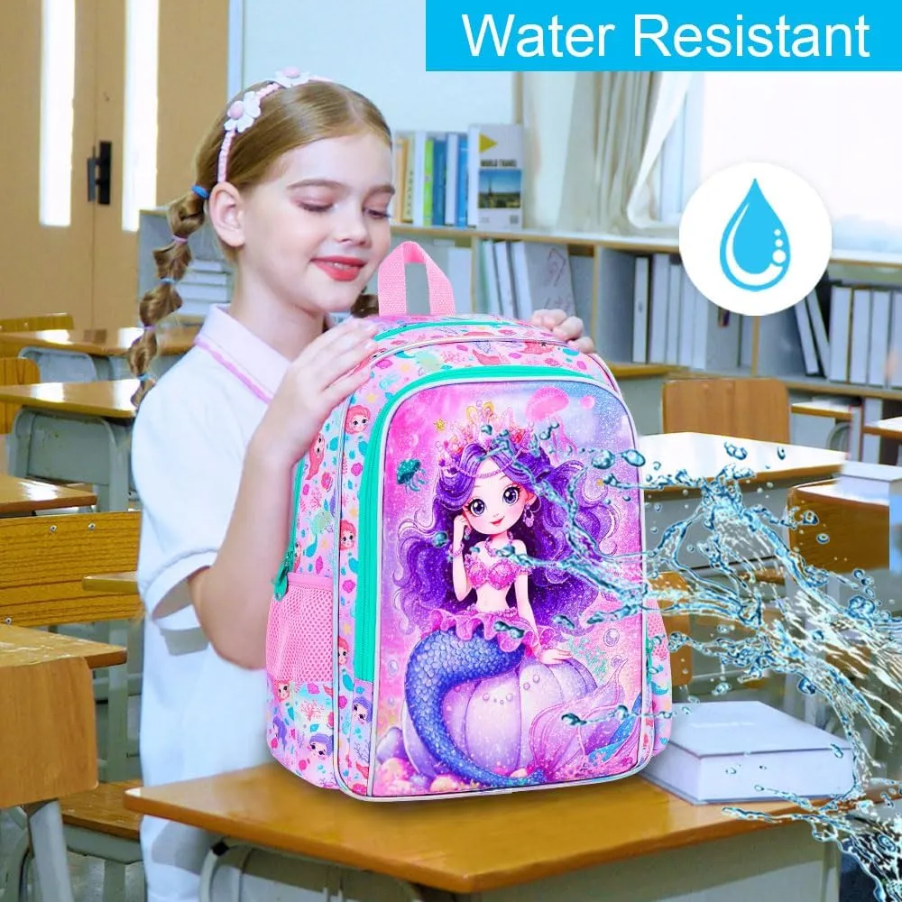 3Pcs Mermaid Backpack for Girls, 16" Kids Bookbag with Lunch Box, School Backpacks Set for Elementary Preschool Kindergarten(Pink)
