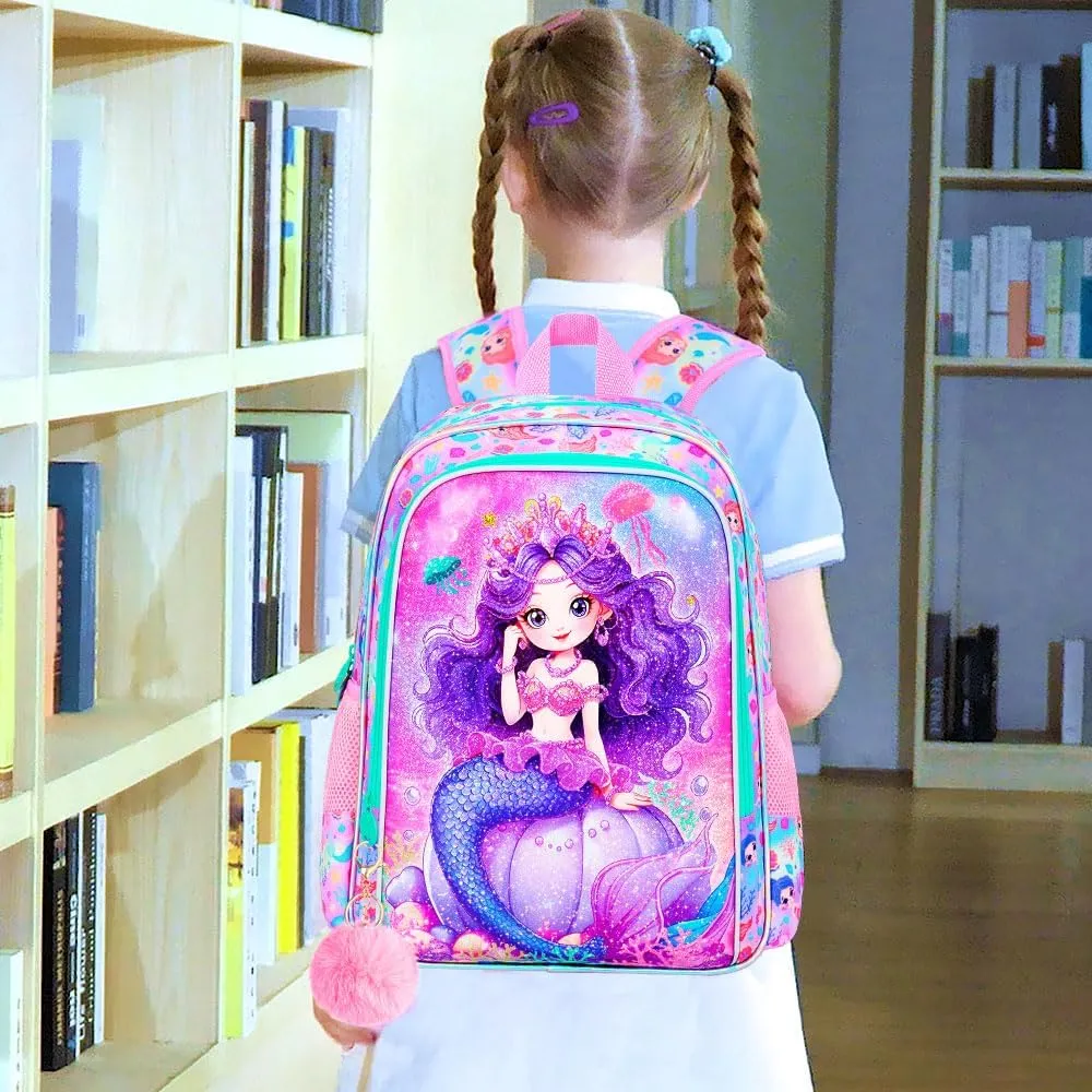 3Pcs Mermaid Backpack for Girls, 16" Kids Bookbag with Lunch Box, School Backpacks Set for Elementary Preschool Kindergarten(Pink)