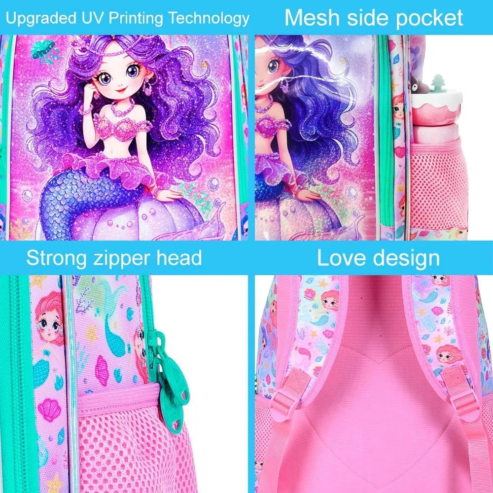 3Pcs Mermaid Backpack for Girls, 16" Kids Bookbag with Lunch Box, School Backpacks Set for Elementary Preschool Kindergarten(Pink)