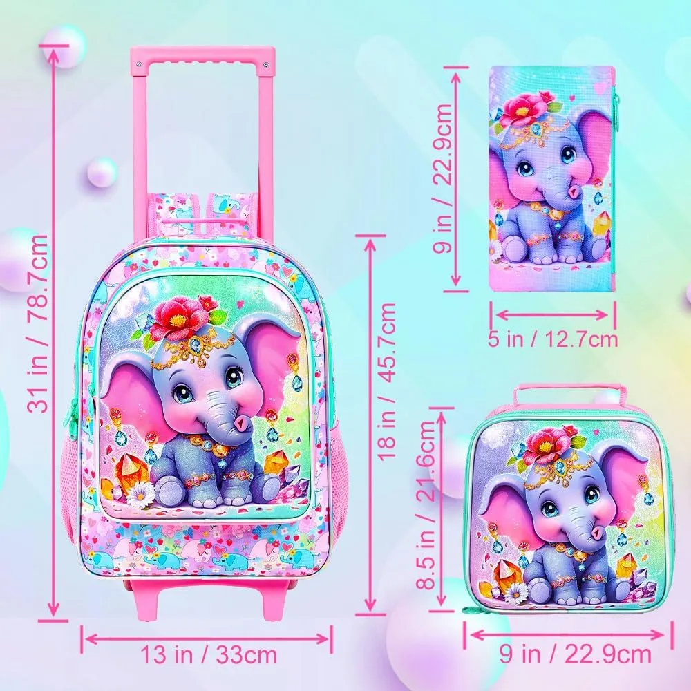 3Pcs Rolling Backpack for Girls, Kids Roller School Backpack with Wheels, Elephant Wheeled Bookbag for Elementary Preschool Kindergarten(Pink)