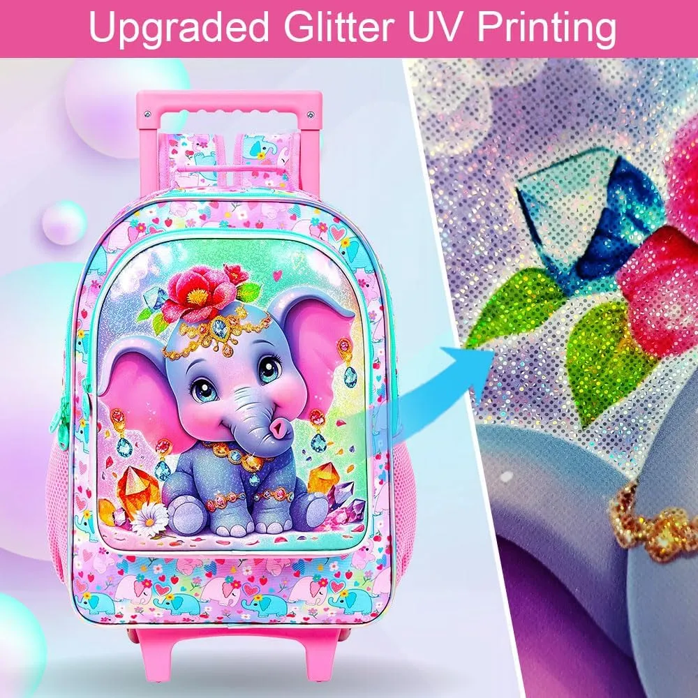3Pcs Rolling Backpack for Girls, Kids Roller School Backpack with Wheels, Elephant Wheeled Bookbag for Elementary Preschool Kindergarten(Pink)