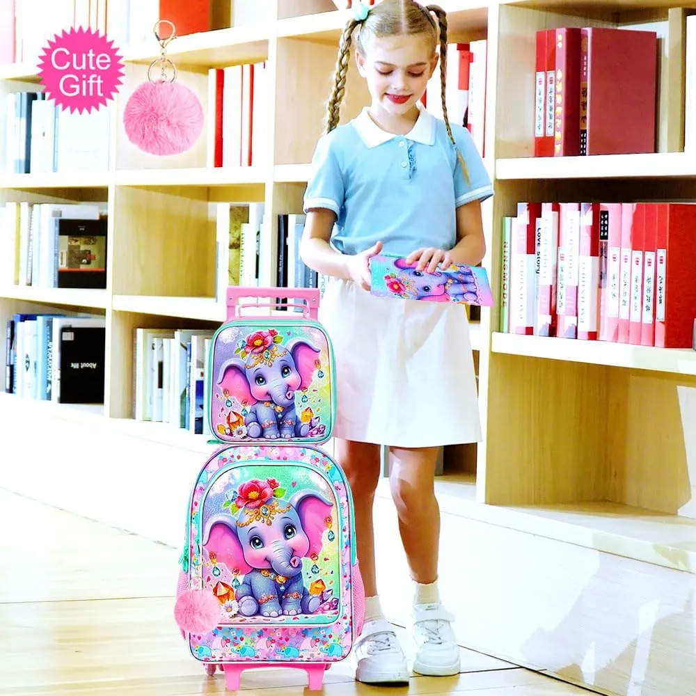 3Pcs Rolling Backpack for Girls, Kids Roller School Backpack with Wheels, Elephant Wheeled Bookbag for Elementary Preschool Kindergarten(Pink)