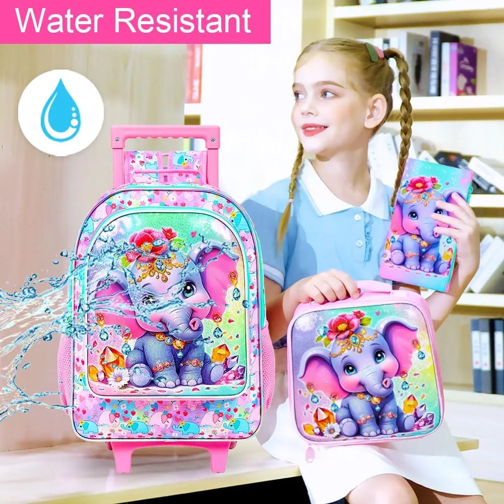 3Pcs Rolling Backpack for Girls, Kids Roller School Backpack with Wheels, Elephant Wheeled Bookbag for Elementary Preschool Kindergarten(Pink)