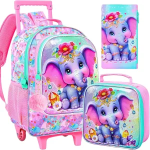 3Pcs Rolling Backpack for Girls, Kids Roller School Backpack with Wheels, Elephant Wheeled Bookbag for Elementary Preschool Kindergarten(Pink)