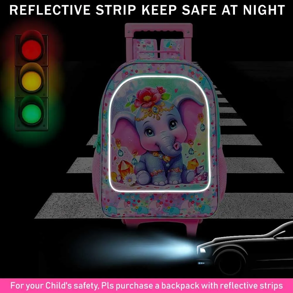 3Pcs Rolling Backpack for Girls, Kids Roller School Backpack with Wheels, Elephant Wheeled Bookbag for Elementary Preschool Kindergarten(Pink)