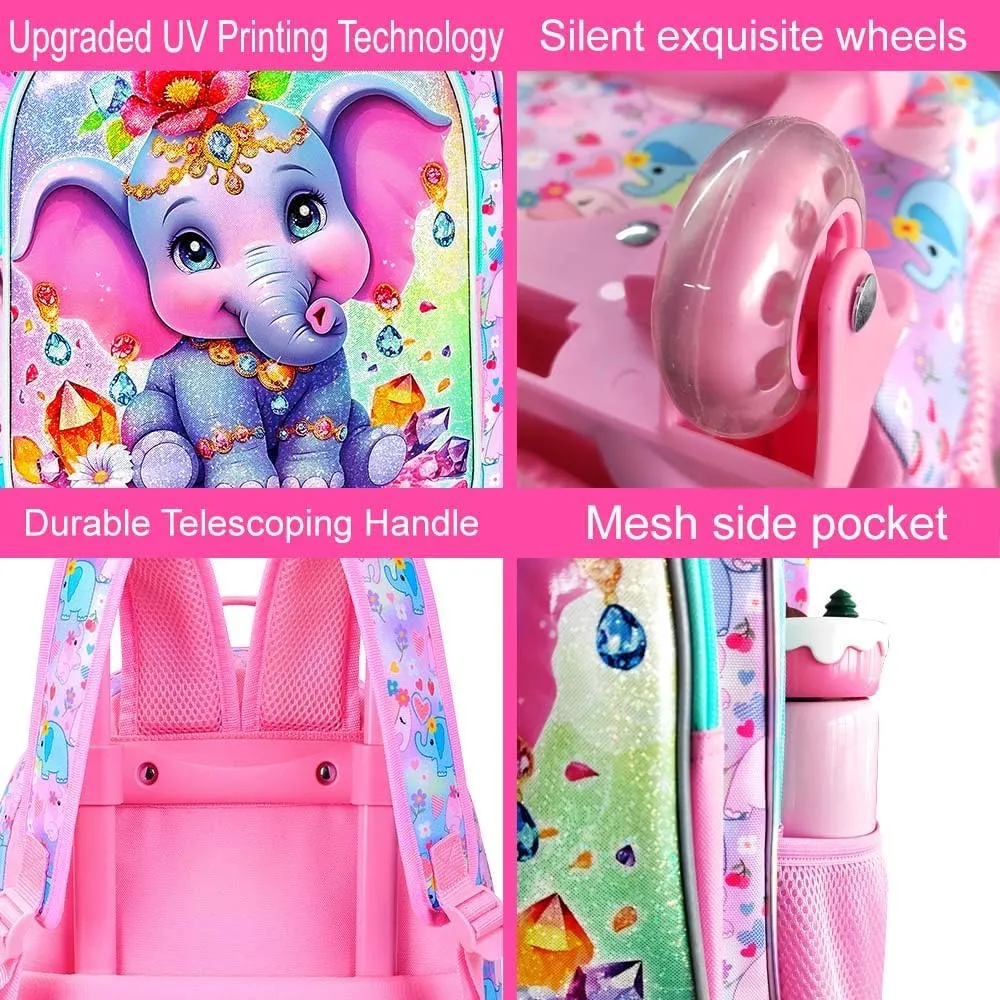 3Pcs Rolling Backpack for Girls, Kids Roller School Backpack with Wheels, Elephant Wheeled Bookbag for Elementary Preschool Kindergarten(Pink)
