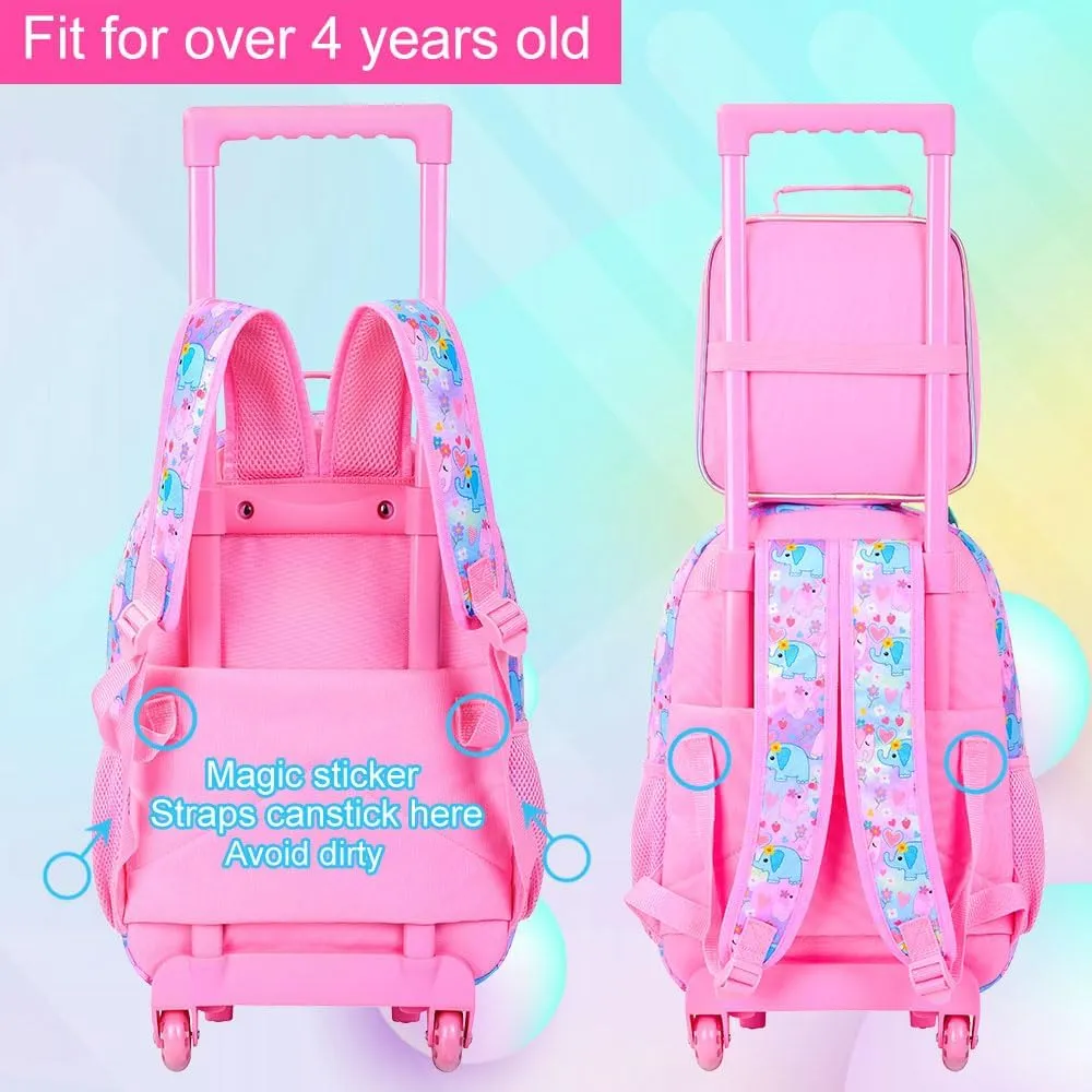 3Pcs Rolling Backpack for Girls, Kids Roller School Backpack with Wheels, Elephant Wheeled Bookbag for Elementary Preschool Kindergarten(Pink)