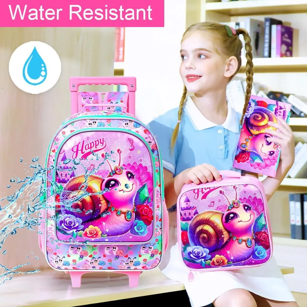 3Pcs Rolling Backpack for Girls, Kids Roller School Backpack with Wheels, Snail Wheeled Bookbag for Elementary Preschool Kindergarten(Pink)