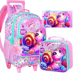 3Pcs Rolling Backpack for Girls, Kids Roller School Backpack with Wheels, Snail Wheeled Bookbag for Elementary Preschool Kindergarten(Pink)