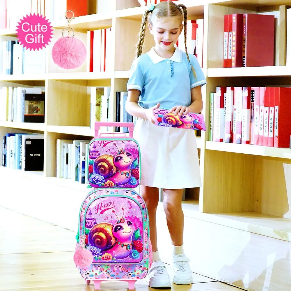 3Pcs Rolling Backpack for Girls, Kids Roller School Backpack with Wheels, Snail Wheeled Bookbag for Elementary Preschool Kindergarten(Pink)