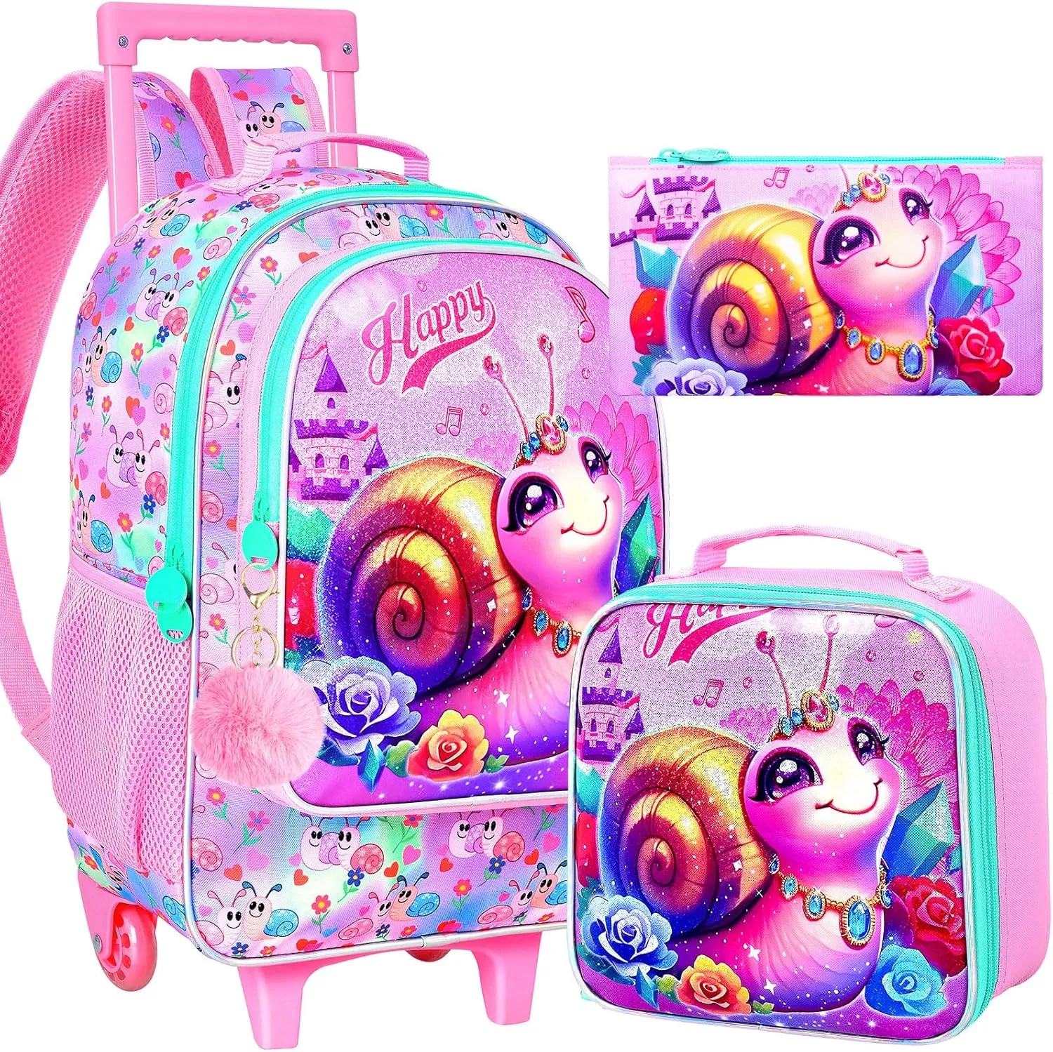 3Pcs Rolling Backpack for Girls, Kids Roller School Backpack with Wheels, Snail Wheeled Bookbag for Elementary Preschool Kindergarten(Pink)