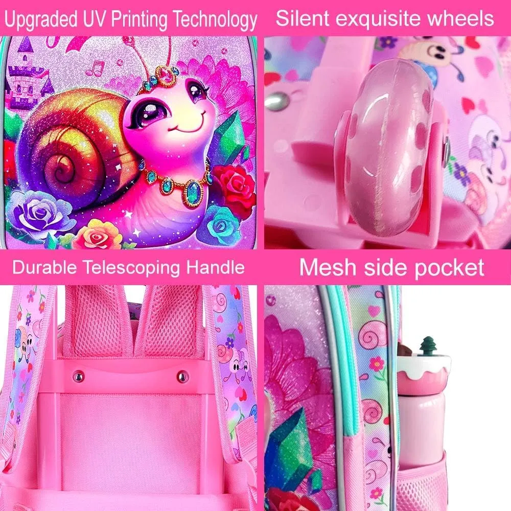 3Pcs Rolling Backpack for Girls, Kids Roller School Backpack with Wheels, Snail Wheeled Bookbag for Elementary Preschool Kindergarten(Pink)