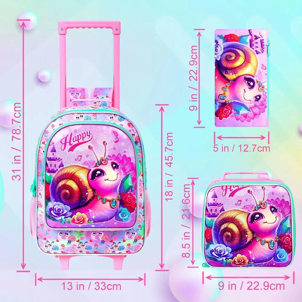 3Pcs Rolling Backpack for Girls, Kids Roller School Backpack with Wheels, Snail Wheeled Bookbag for Elementary Preschool Kindergarten(Pink)