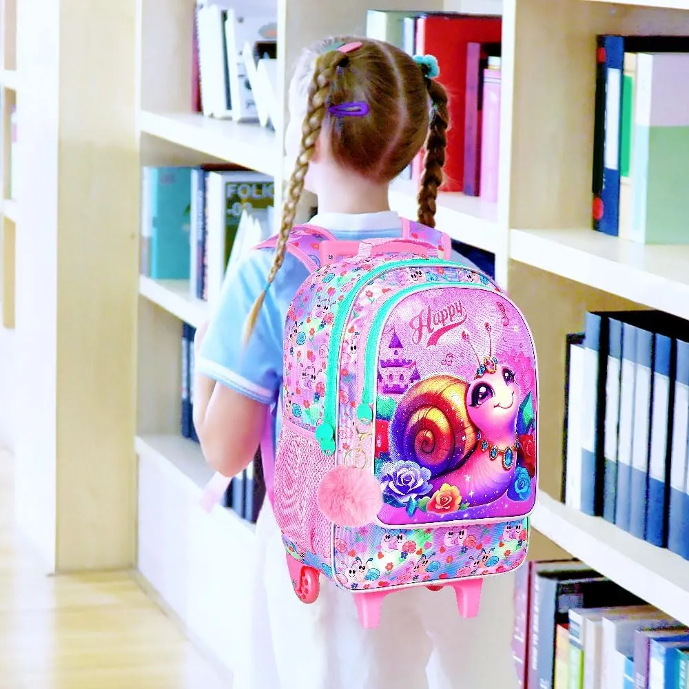 3Pcs Rolling Backpack for Girls, Kids Roller School Backpack with Wheels, Snail Wheeled Bookbag for Elementary Preschool Kindergarten(Pink)