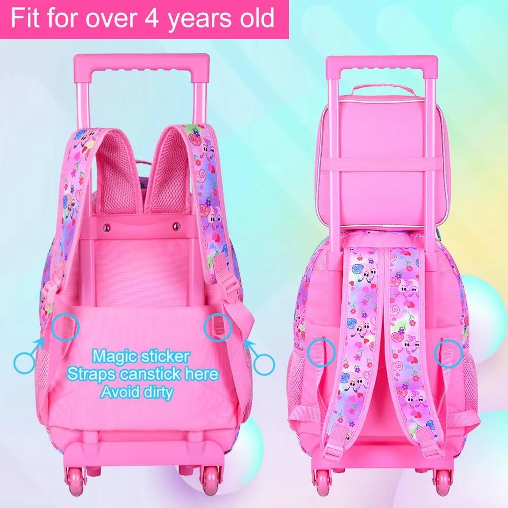3Pcs Rolling Backpack for Girls, Kids Roller School Backpack with Wheels, Snail Wheeled Bookbag for Elementary Preschool Kindergarten(Pink)
