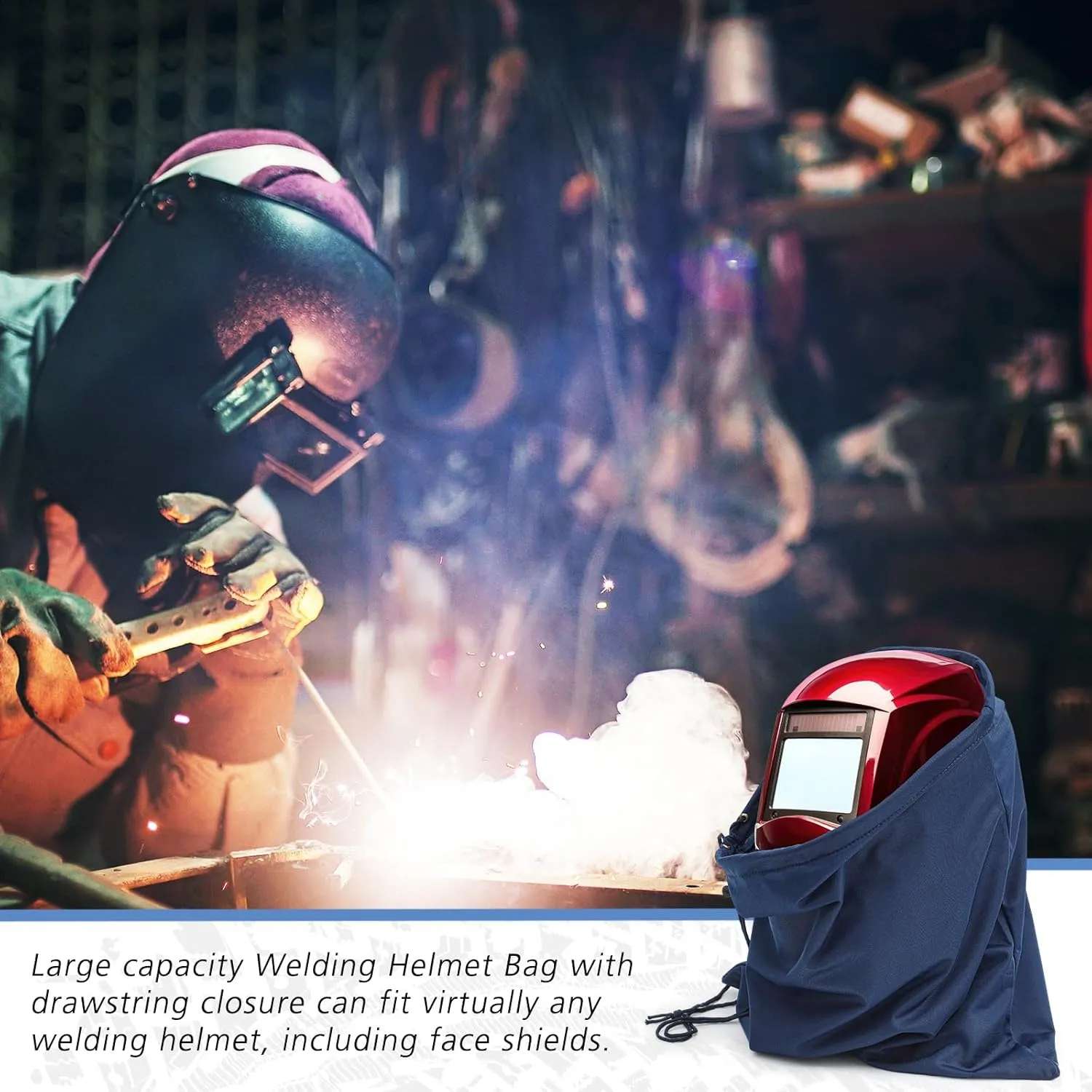 4 Pcs Helmet Bag Welding Motorcycle Hood Bag with Drawstring Locking, Microfiber Large Lightweight for Ski Riding Racing Snowmobile Dirt Bicycle Bike Fire Helmet Storage Accessories (Blue)
