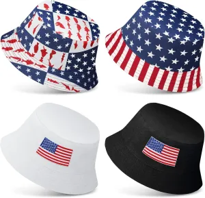 4 Pieces Bucket Hat American Flag and Solid Color Reversible Bucket Hats Double Side Wear Patriotic Bucket Hat Cotton Packable Fisherman Hat Summer Hat for Men Women Labor