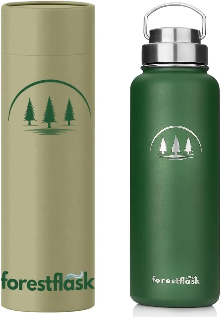 40 oz Insulated Water Bottle - Stainless Steel Metal - Large wide mouth, Leak Proof BPA-Free, Forest Green