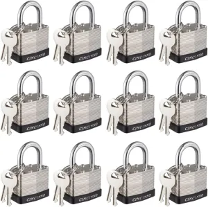 40mm Keyed Alike Nickel Plated Laminated Steel Padlock, 1-9/16" Wide Body 1-inch Shackle Padlocks with Keys Pack of 12