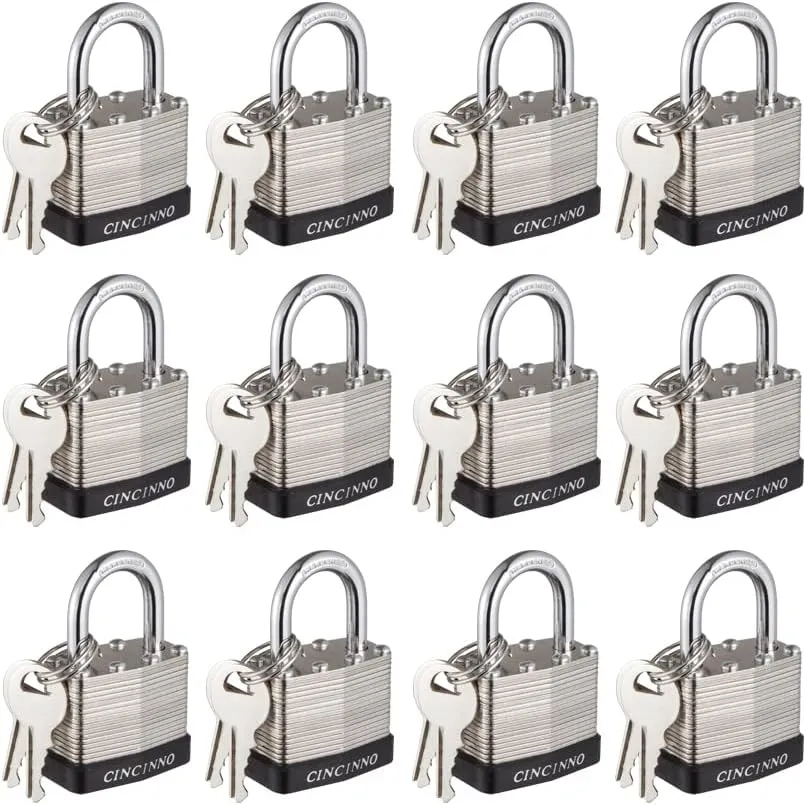 40mm Keyed Alike Nickel Plated Laminated Steel Padlock, 1-9/16" Wide Body 1-inch Shackle Padlocks with Keys Pack of 12