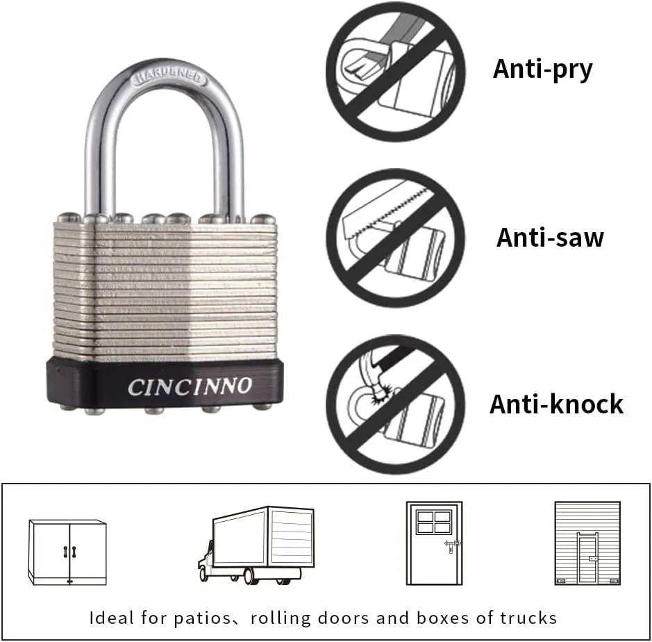 40mm Keyed Alike Nickel Plated Laminated Steel Padlock, 1-9/16" Wide Body 1-inch Shackle Padlocks with Keys Pack of 12