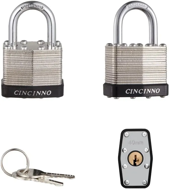 40mm Keyed Alike Nickel Plated Laminated Steel Padlock, 1-9/16" Wide Body 1-inch Shackle Padlocks with Keys Pack of 12