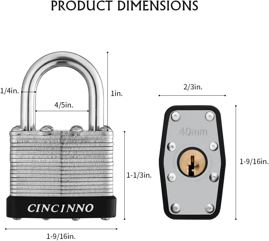 40mm Keyed Alike Nickel Plated Laminated Steel Padlock, 1-9/16" Wide Body 1-inch Shackle Padlocks with Keys Pack of 12