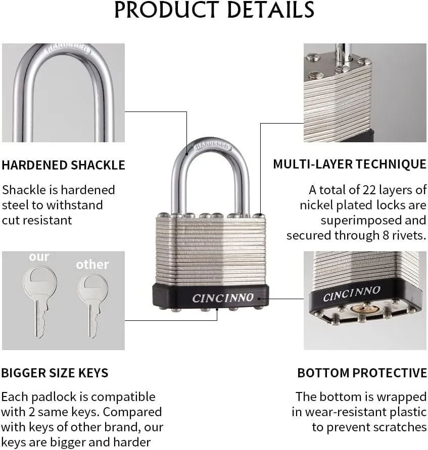 40mm Keyed Alike Nickel Plated Laminated Steel Padlock, 1-9/16" Wide Body 1-inch Shackle Padlocks with Keys Pack of 12