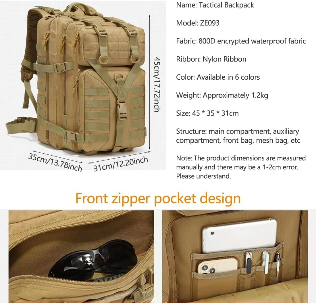 45L Military Tactical Backpack Large Men Army 3 Day Assault Rucksack Molle Bag Daypack (Black CP)