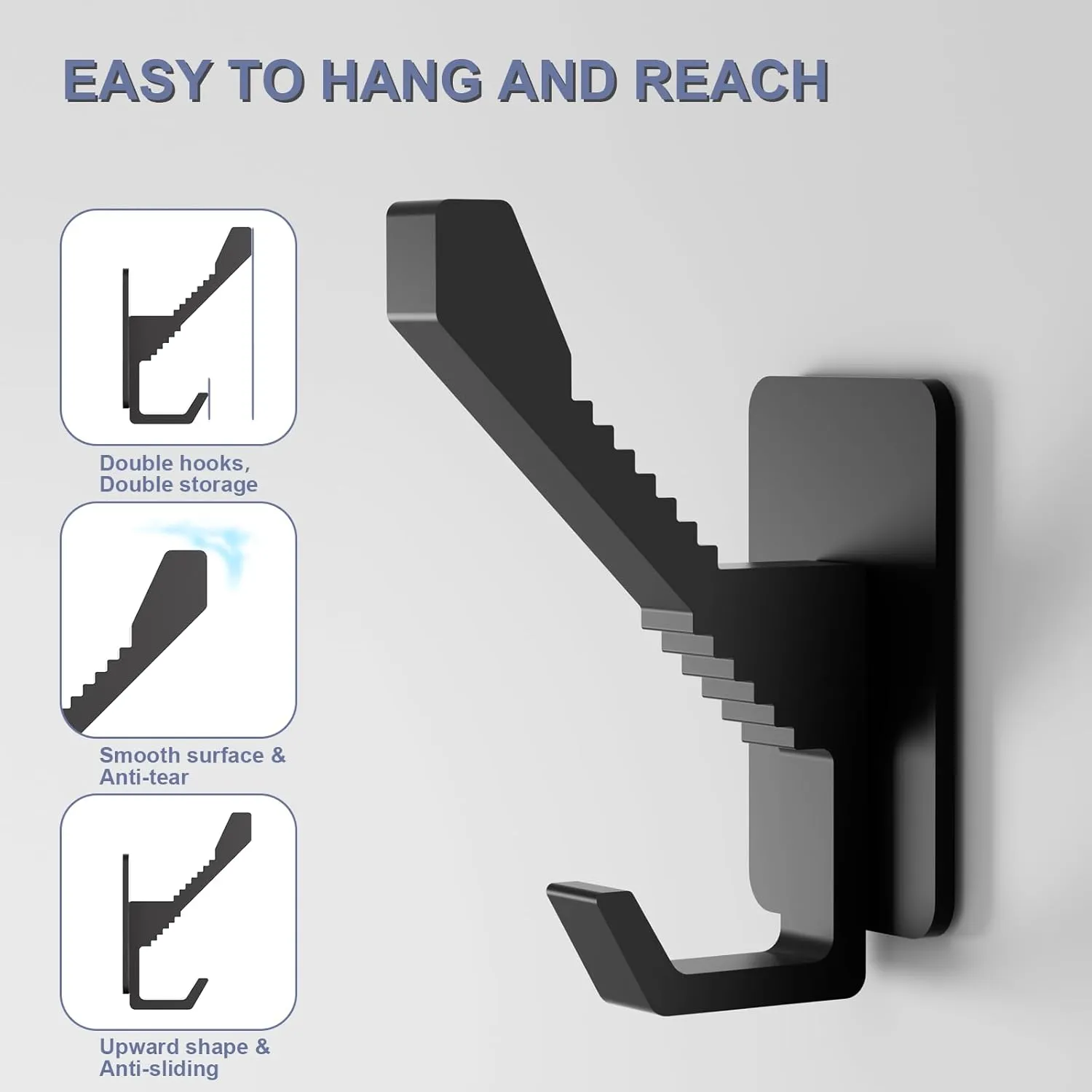 4Pack Adhesive Wall Hooks| Heavy Duty Coat Hooks Wall Mount for Hanging Coats, Backpacks, Hats, Towels, Bags| Coat Rack Wall Mount for Bathroom, Bedroom, Entryway, Mudroom| Matte Black