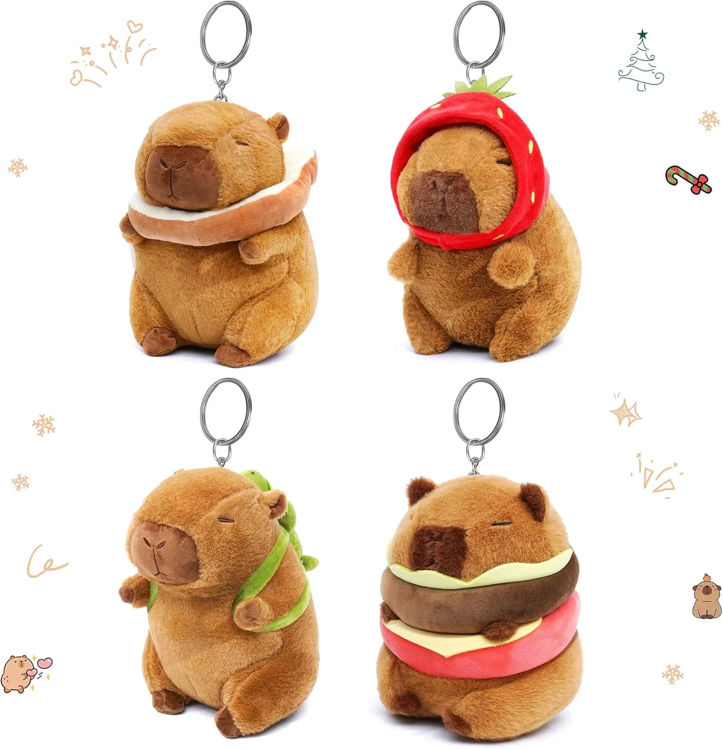 4PC Capybara Plush Keychain Cute Small Capybara Mini Stuffed Animal Bulk for Kids Birthday Party Favors Gift