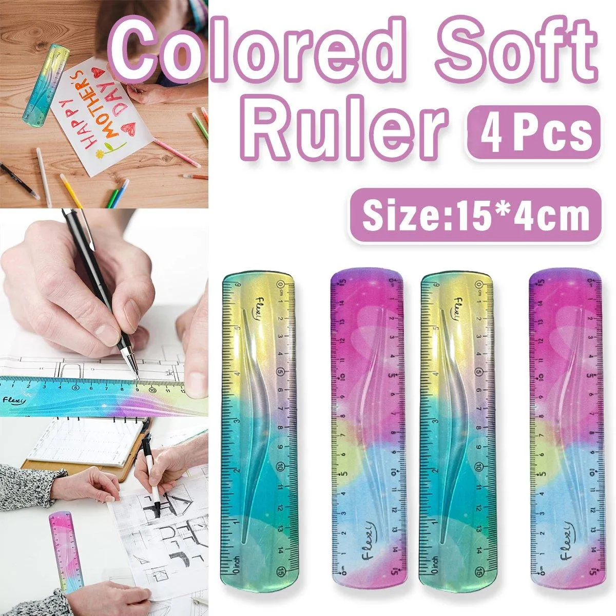 4pcs Colourful Bendable Soft Ruler 15cm Foldable Flexible Measuring Ruler Set