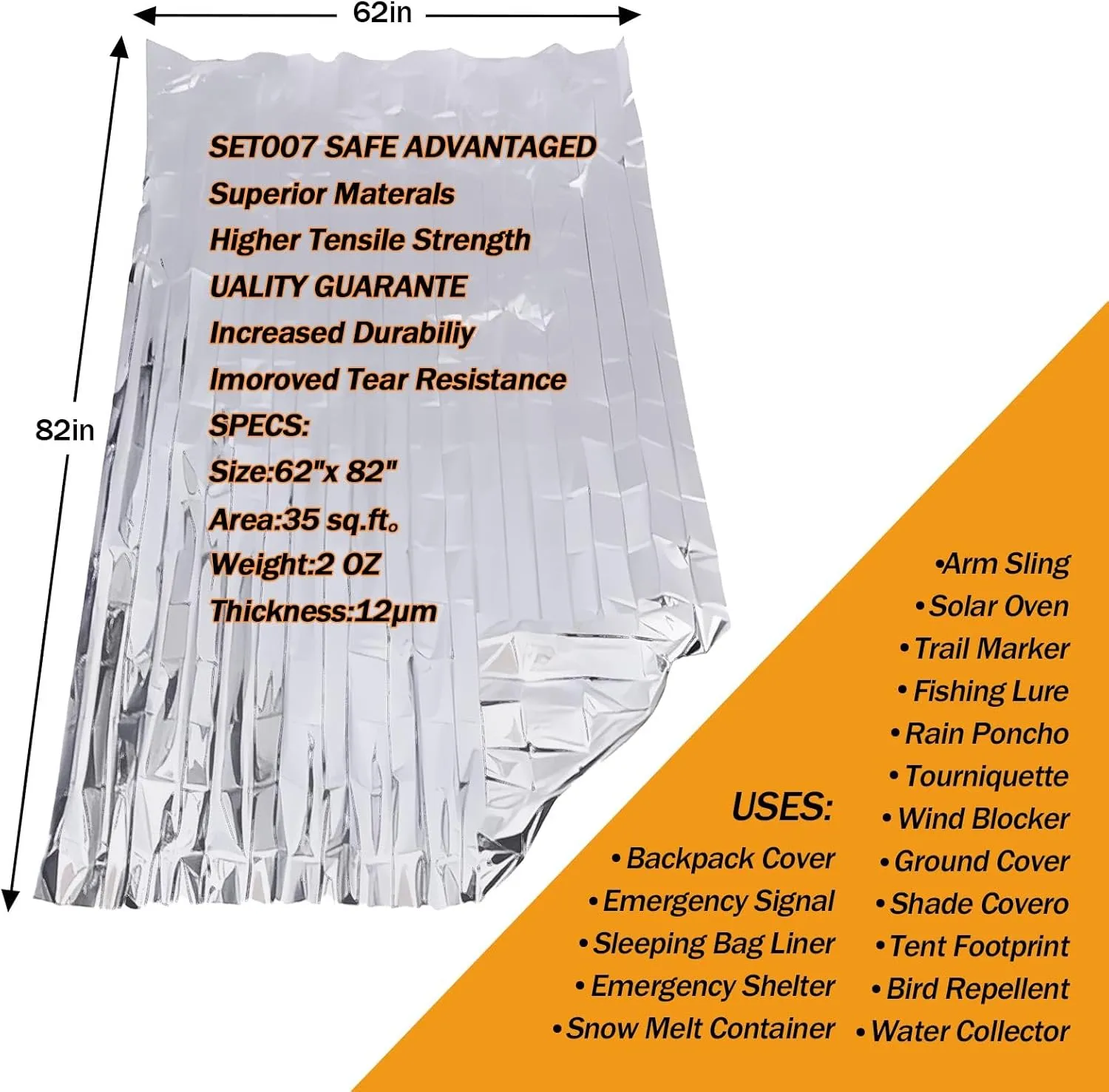 50 Pack Emergency Mylar Thermal Blankets - 82"x62" Waterproof Heat Reflective Blankets, Bulk Rescue Blanket for Survival, Camping, Marathons, Bug Out Bag, First Aid, Silver