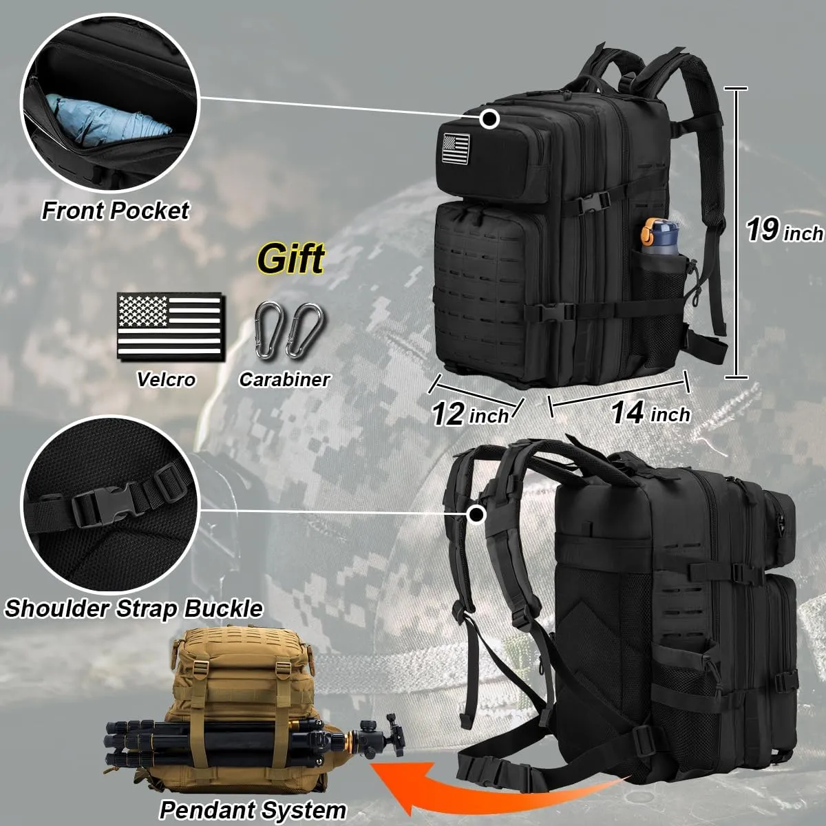 50L Military Tactical Backpack for Men,Water Resistant Day Backpack Molle Army 3 Days Assault Pack Bug Out Bag,Heavy Duty Hiking Treeking Rucksack Black
