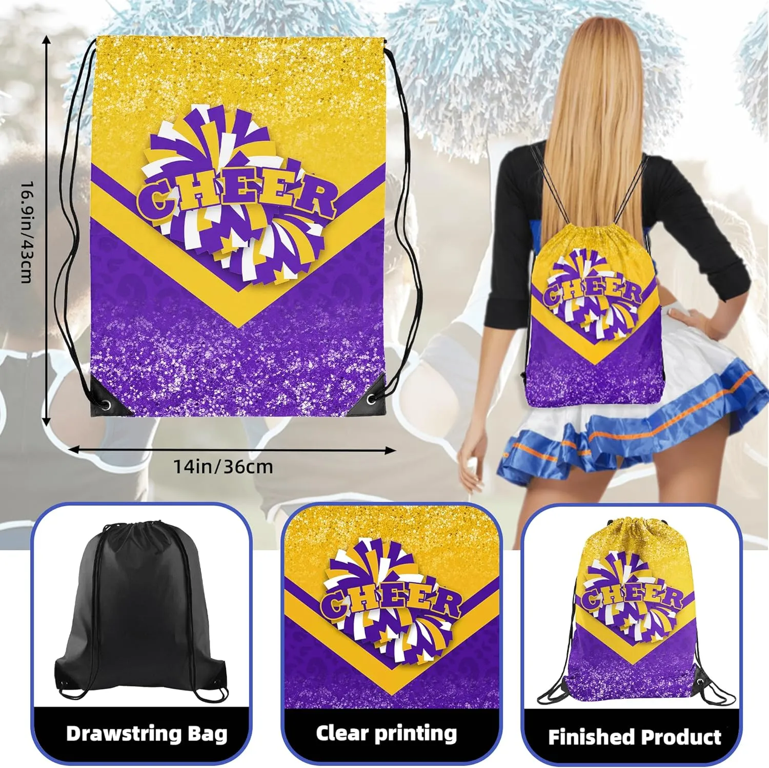 6 Pcs Cheer Drawstring Backpack Cheerleading Drawstring Gym Bags Cheerleader Gifts for Cheerleaders (Gold&Purple)