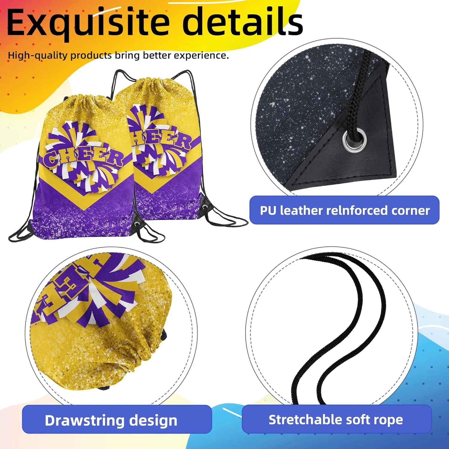 6 Pcs Cheer Drawstring Backpack Cheerleading Drawstring Gym Bags Cheerleader Gifts for Cheerleaders (Gold&Purple)
