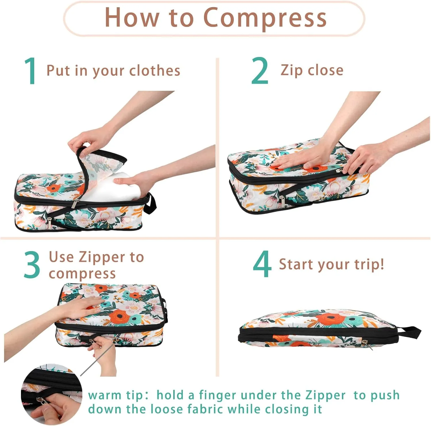 6 Pcs Compression Packing Cubes Travel for Suitcases, Luggage Organizer Nylon Washable Storage Bags Set - Packaging Cubes for Backpack Travel Perfect for Women Clothes Carry-Ons and Storage
