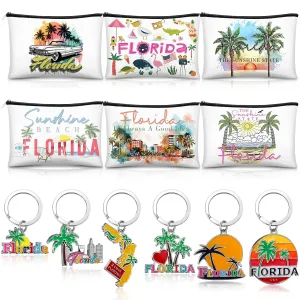6 Sets Florida Souvenir Gifts Include 6 Pcs Florida Cosmetic Bag and 6 Pcs Metal Keychain Map Shaped Souvenirs for Women Traveler Gifts