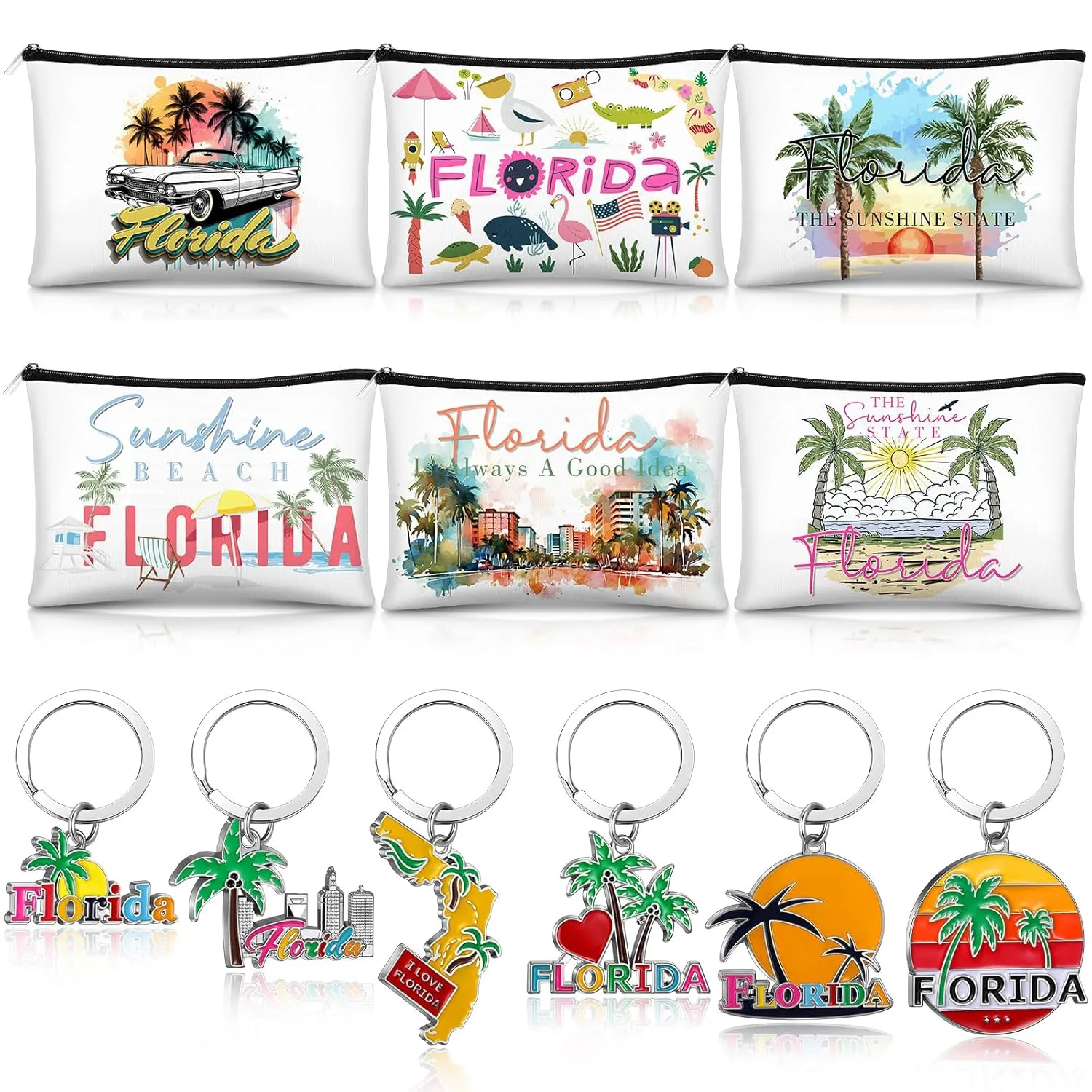 6 Sets Florida Souvenir Gifts Include 6 Pcs Florida Cosmetic Bag and 6 Pcs Metal Keychain Map Shaped Souvenirs for Women Traveler Gifts
