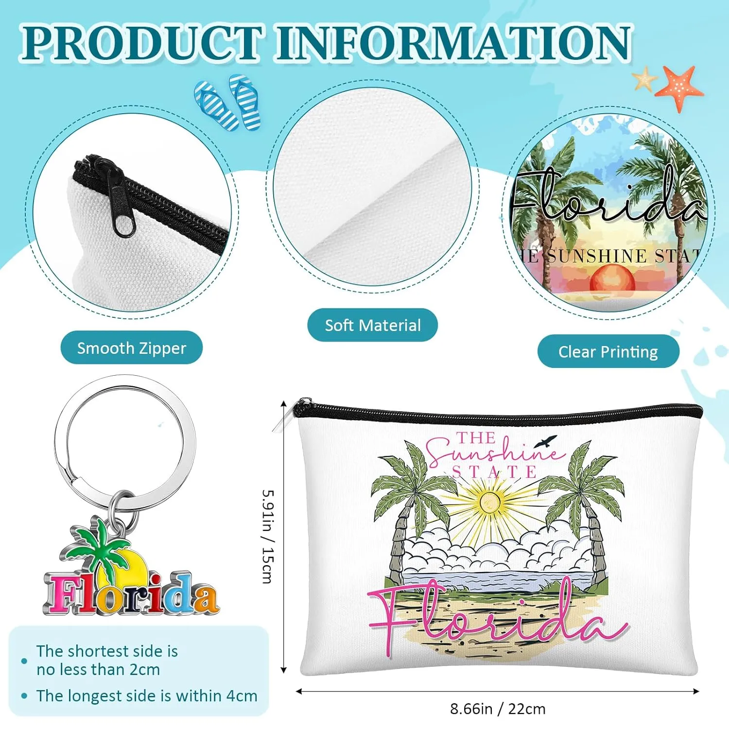 6 Sets Florida Souvenir Gifts Include 6 Pcs Florida Cosmetic Bag and 6 Pcs Metal Keychain Map Shaped Souvenirs for Women Traveler Gifts