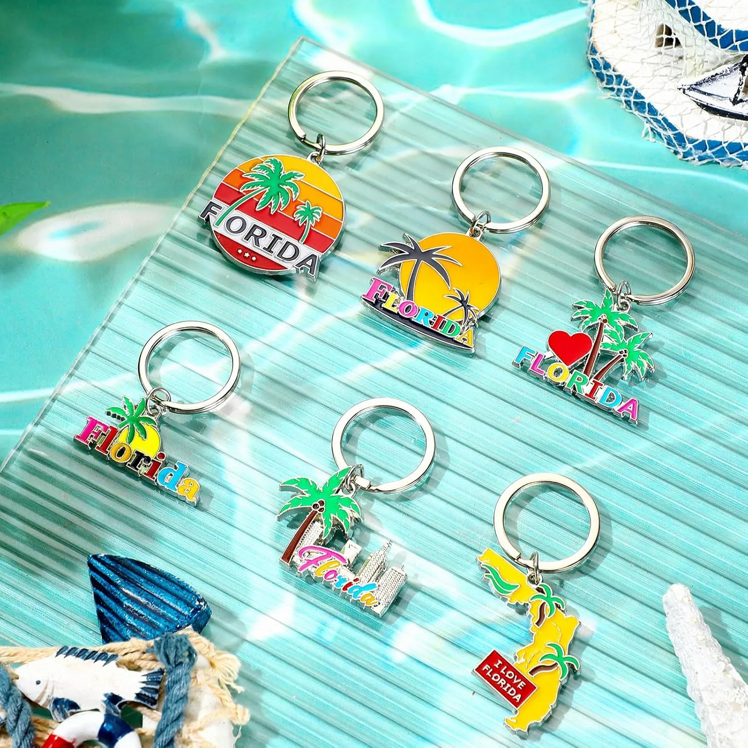 6 Sets Florida Souvenir Gifts Include 6 Pcs Florida Cosmetic Bag and 6 Pcs Metal Keychain Map Shaped Souvenirs for Women Traveler Gifts