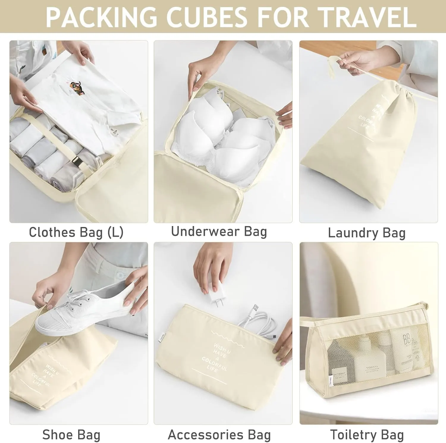 8 Set Packing Cubes for Travel, Travel Luggage Packing Organizers, Travel Accessories Large Toiletries Bag for Clothes Shoes Cosmetics Toiletries (Blue), Beige